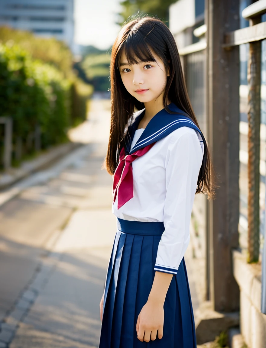 Japan Sailor School Uniform、dark blue school uniform、navy pleated skirt、beautiful girl、15 years old、(((Leave the hem of the sailor suit outside)))、black hair、ponytail、((No bangs:1.2))、((put out one's forehead))、I love you、Spinning、white socks、loafers、standing position、serious expression、