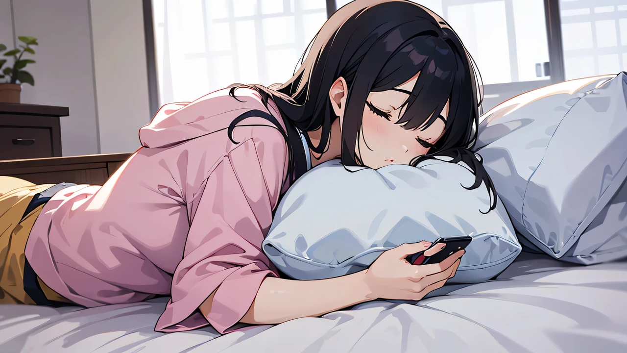 A woman in her 20s who looks like a Japanese model is sleeping in bed.。There is a smartphone by the bedside.、A cute anime-style robot appears on your smartphone screen.。