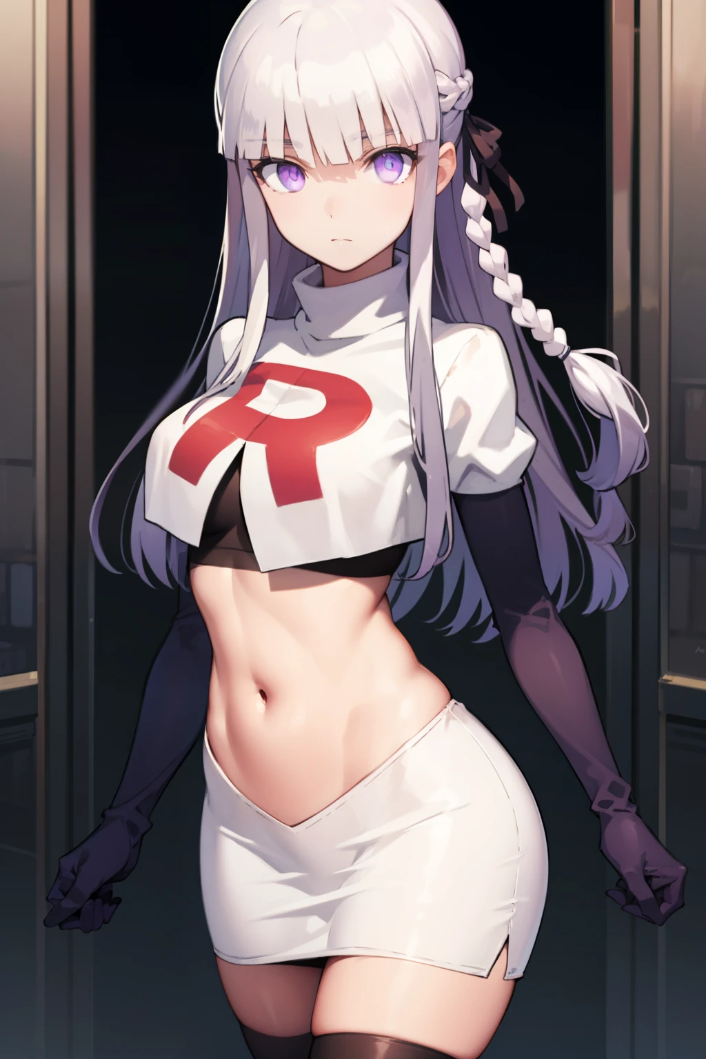 kyokokirigiri, kyouko kirigiri, long hair, bangs, ribbon, (purple eyes:1.1), hair ribbon, purple hair, braid, single braid, side braid,
BREAK black ribbon, team rocket,team rocket uniform,white skirt,red letter R,crop top,black thigh-highs,black elbow gloves
BREAK looking at viewer, (cowboy shot:1.5),
BREAK (masterpiece:1.2), best quality, high resolution, unity 8k wallpaper, (illustration:0.8), (beautiful detailed eyes:1.6), extremely detailed face, perfect lighting, extremely detailed CG, (perfect hands, perfect anatomy),