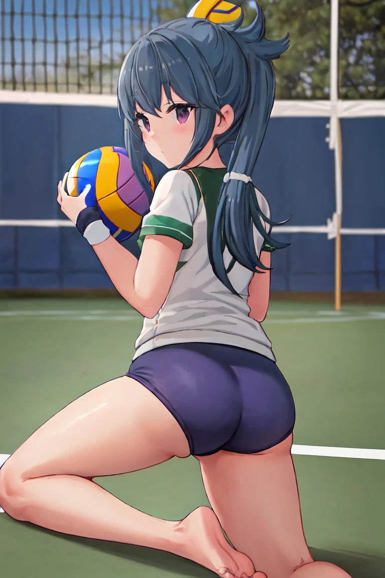 highest quality, masterpiece, High resolution, alone, {Shima_Also_yuru camp:1.15}, green_hair, purple_eye, closed_mouth, single_hair_good, hair_good, 1 girl, 前hair, blurry, blurry_background, (volleyball uniform:1.3)、(barefoot)、dark blue socks,(sports boots)、full body shot, (think back,from behind)