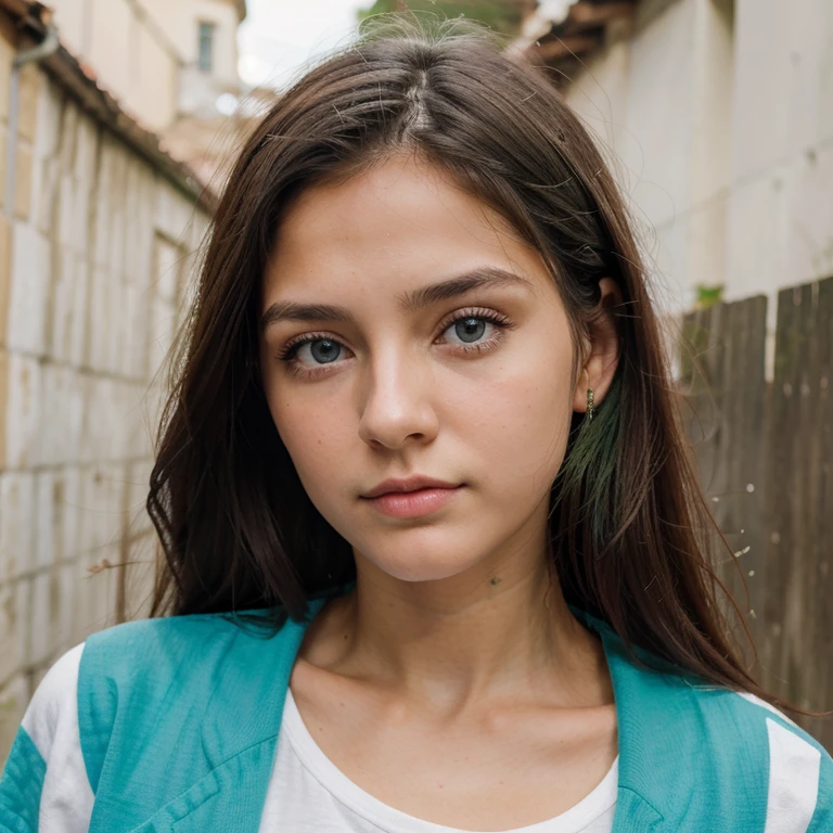20 year old girl, piel blanca, mirando al frente, cabello color azul, ojos medianos, small, thin nose, boca mediana, contextura delgada, hyperdetailed photography, luz suave, retrato, realista.
Ropa color verde