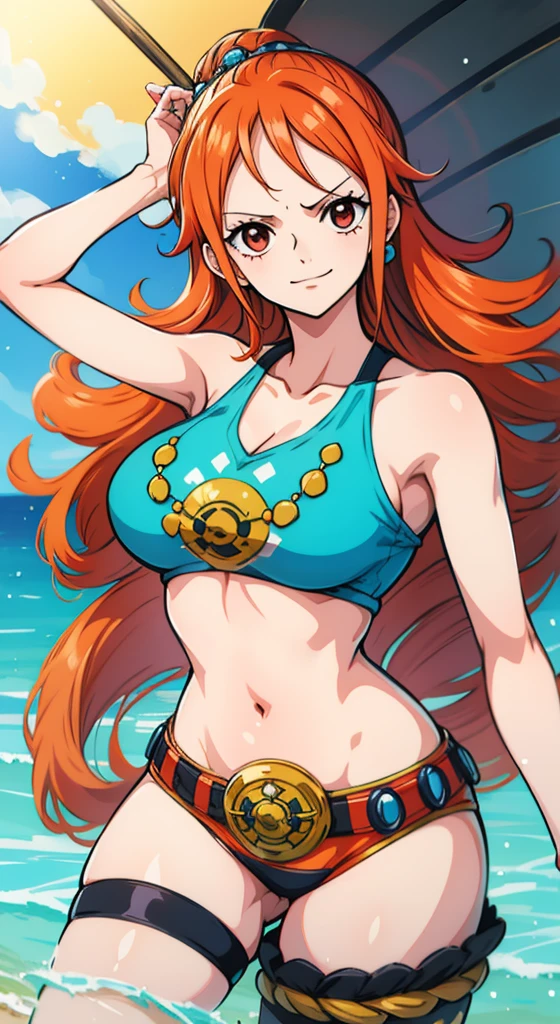 Generar una imagen realista de estilo anime de Nami de One Piece. Captura su apariencia distintiva con cabello naranja, una camisa, and a cheerful expression. Make sure the picture reflects your adventurous and confident personality as shown in the anime.., cuerpo completo, Plano amplio , Curvy athletic body, Antecedentes de la isla,top de sujetador, falda, ojos naranjas, ojos naranjas, armpits