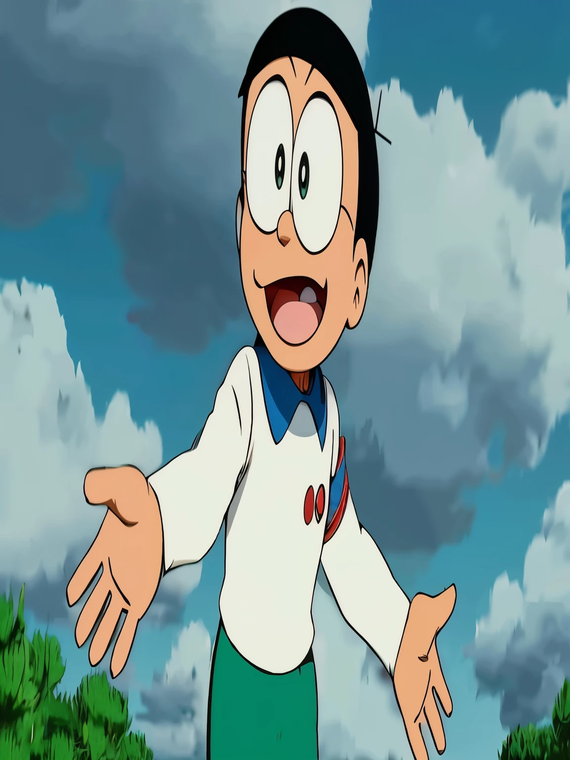 a cartoon boy with a white shirt and green shorts is standing in the grass, doraemon, safebooru anime image, gelbooru anime image, tezuka osamu, an retro anime image, by Nakahara Nantenbō, akira toriyama style, mamoru hosoda, in the anime film, nichijou