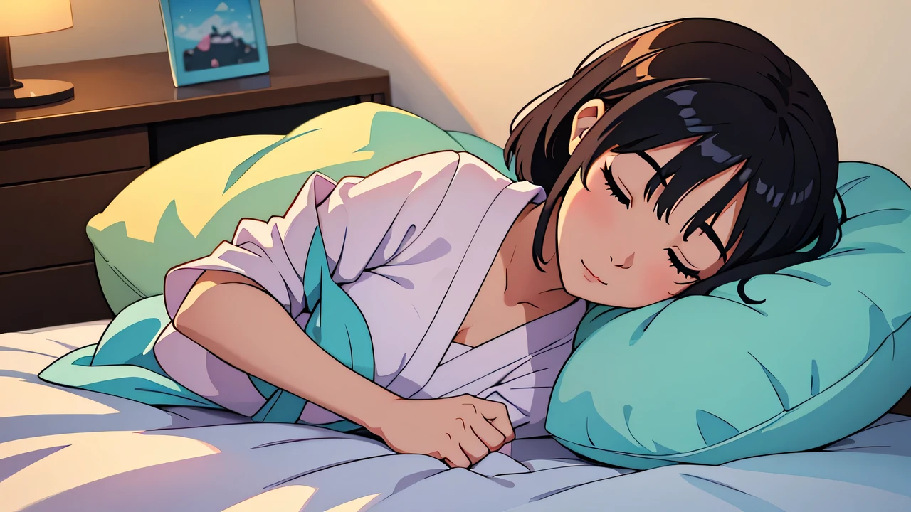 A woman who looks like a Japanese model is sleeping on the bed。There is a smartphone by the bedside.、A cute anime-style robot appears on your smartphone screen.。