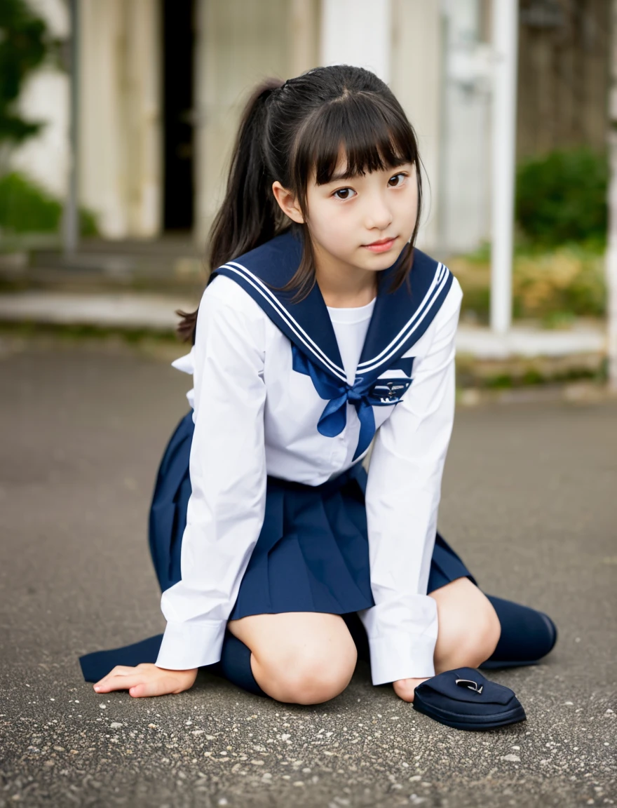 Japan Sailor School Uniform、dark blue school uniform、navy pleated skirt、beautiful girl、、(((Leave the hem of the sailor suit outside)))、black hair、ponytail、((No bangs:1.2))、((put out one's forehead))、I love you、Spinning、white socks、loafers、standing position、serious expression、