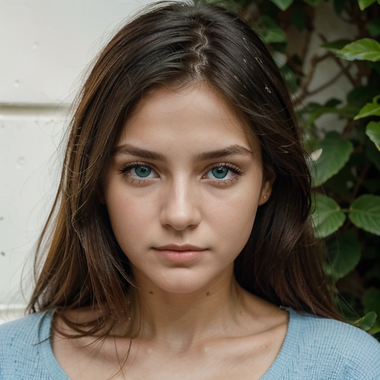 20 year old girl, piel blanca, mirando al frente, cabello color azul, ojos medianos, small, thin nose, boca mediana, contextura delgada, hyperdetailed photography, luz suave, retrato, realista. 
Ropa color verde