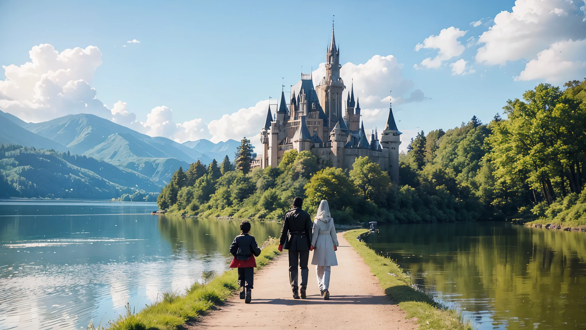 Prince walking with his son around the lake of his castle