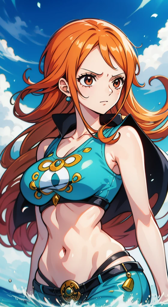 Generar una imagen realista de estilo anime de Nami de One Piece. Captura su apariencia distintiva con cabello naranja, una camisa, and a cheerful expression. Make sure the picture reflects your adventurous and confident personality as shown in the anime.., cuerpo completo, Plano amplio , Curvy athletic body, Antecedentes de la isla,top de sujetador, falda, ojos naranjas, ojos naranjas, armpits