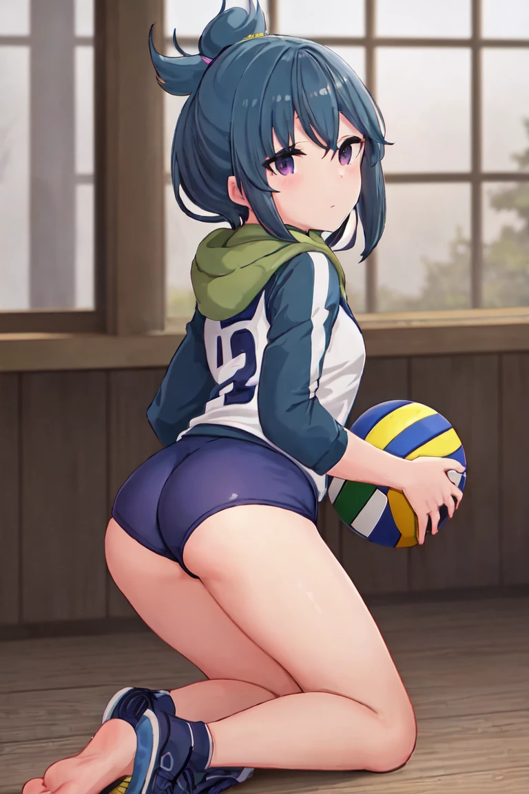 highest quality, masterpiece, High resolution, alone, {Shima_Also_yuru camp:1.15}, green_hair, purple_eye, closed_mouth, single_hair_good, hair_good, 1 girl, 前hair, blurry, blurry_background, (volleyball uniform:1.3)、(barefoot)、dark blue socks,(sports boots)、full body shot, (think back,from behind)