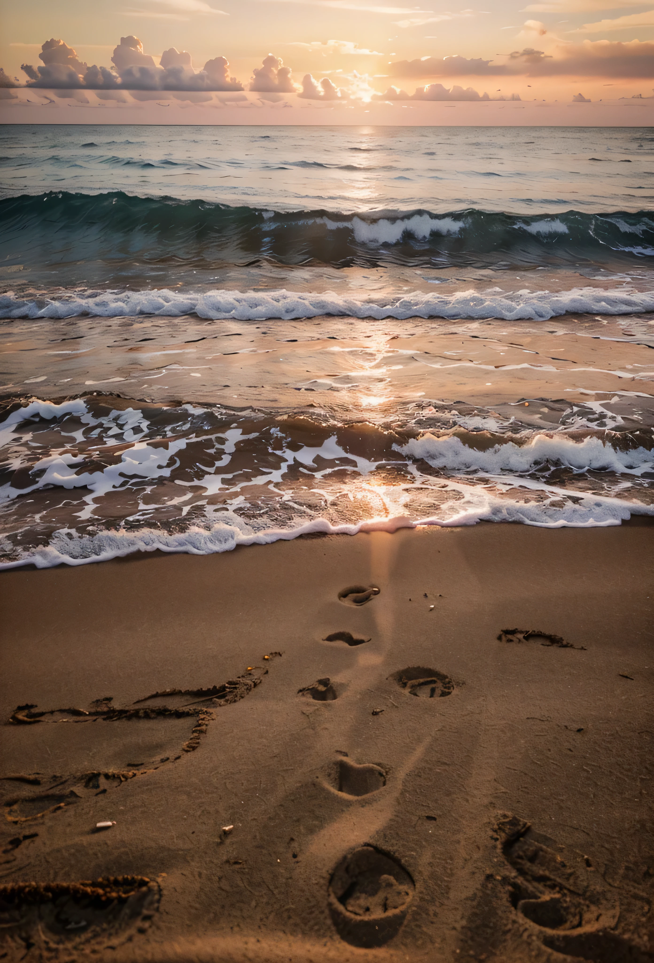 sunset at the beach, Cores lindas, brilhando, nuvens, fotografia, Muitos detalhes, afiado, 8k