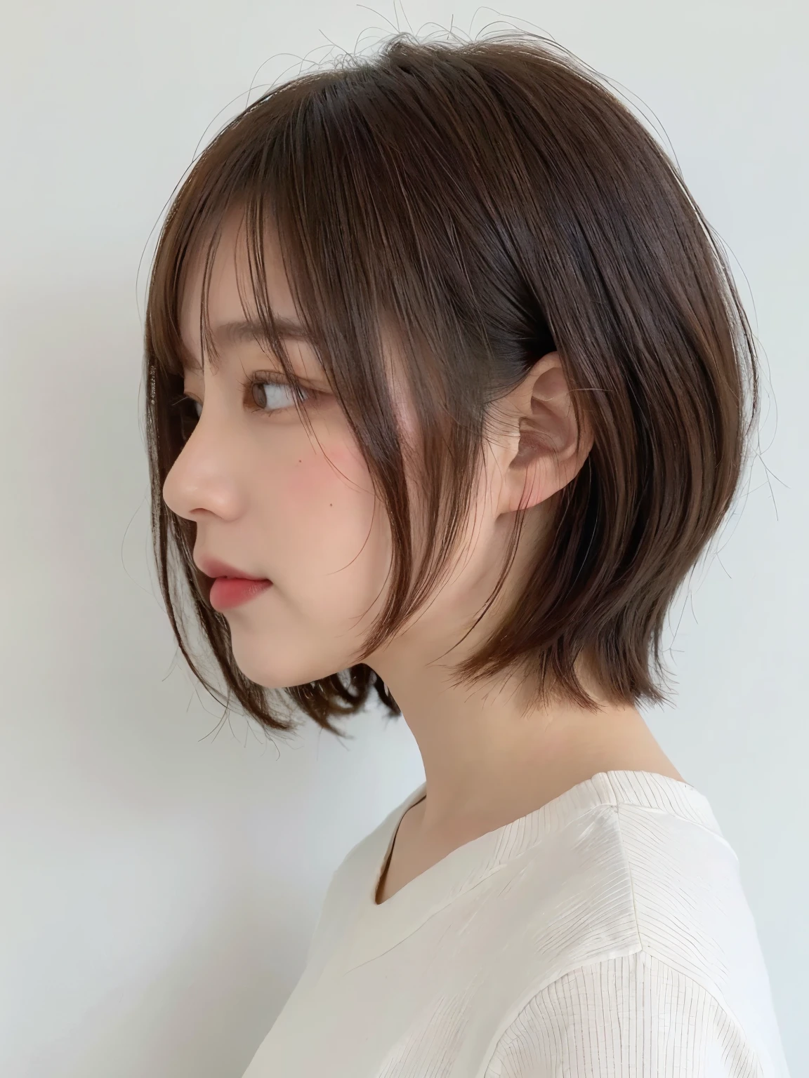(8K、Raw photo、highest quality、masterpiece:1.2)、High-definition RAW color photo、professional photos、(realistic、photo realistic:1.37)、cinematic light、1 girl、laughter、white wall、Taken in front of the white door、(窓のあるwhite wallの部屋)、Versatile poses、squat、squat、break (Ombre:1.3) 、Winter clothes、simple necklace、white sweater、(Beautiful profile:1.3)、Don't look at the camera、profile、((The hair color is dark brown))、shortcut。short hair、Okabo head
