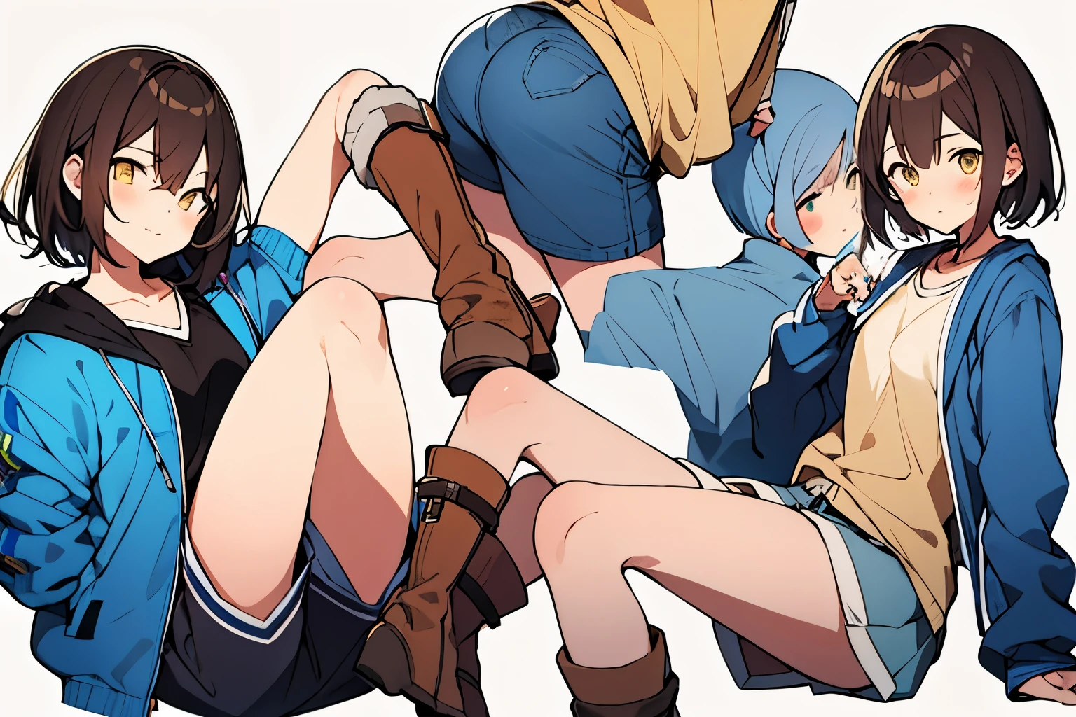 anime girl in white shirt blue jacket and blue shorts with brown boots,brown short hair and yellow eye with blush
