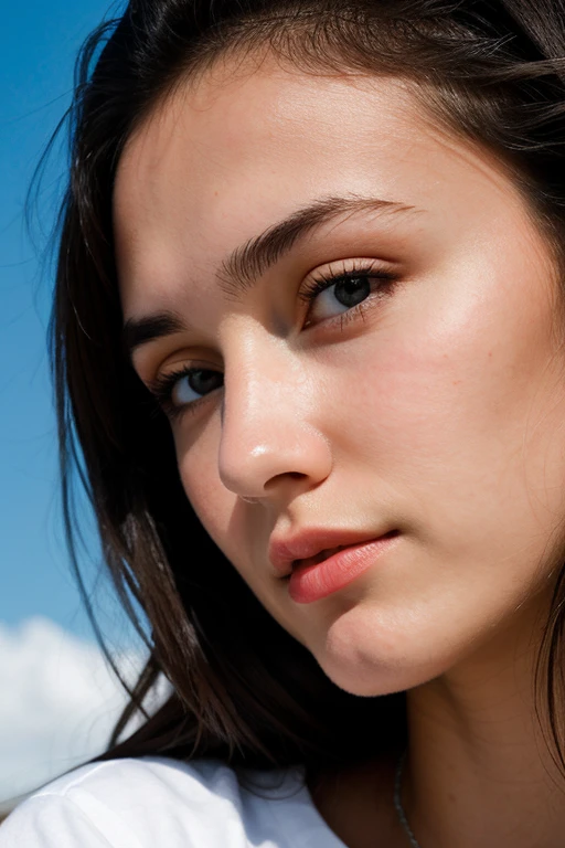 20 year old girl, piel blanca, mirando al frente, cabello color azul, ojos medianos, small, thin nose, boca mediana, contextura delgada, hyperdetailed photography, luz suave, retrato, realista. 
