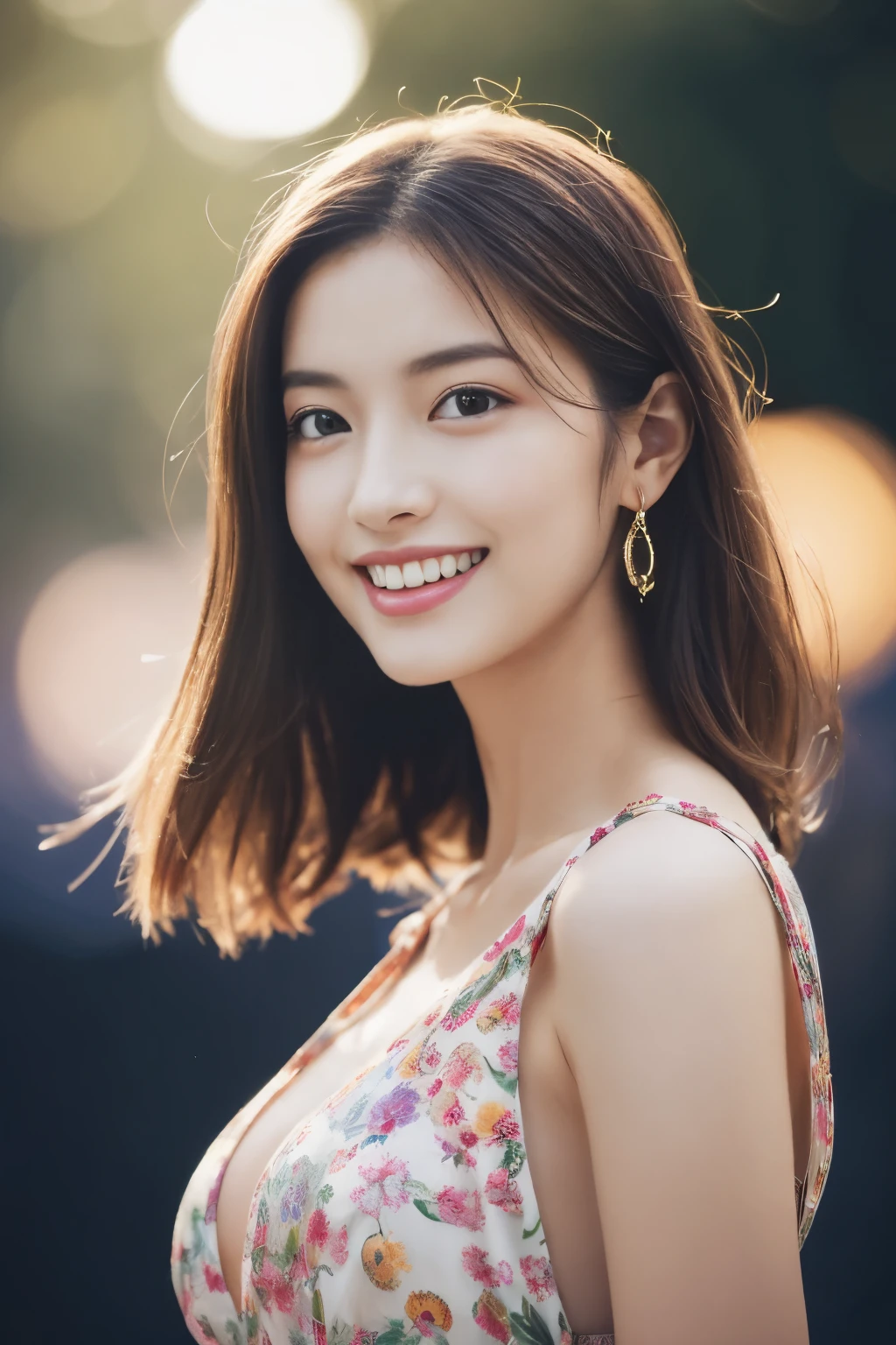 (8K, RAW photo, Photorealistic:1.25) ,( Gloss on lips,glossy finish, Glossy glossy skin, Best quality, 超A high resolution, color difference, Caustics, Wide light, naturalshadow) look with serenity and goddess-like bliss to the spectators,(depth of fields:1.6), (colorful unfocused lights on background:1.2) ,very natural make-up,Cloudy day shooting ,Large breasts,slender eyes.downcast eyes. A distant look in her eyes、(Smile:2)Smile,(Gorgeous summer dress)(Fashion professional model)、Radio City、Medium hair
