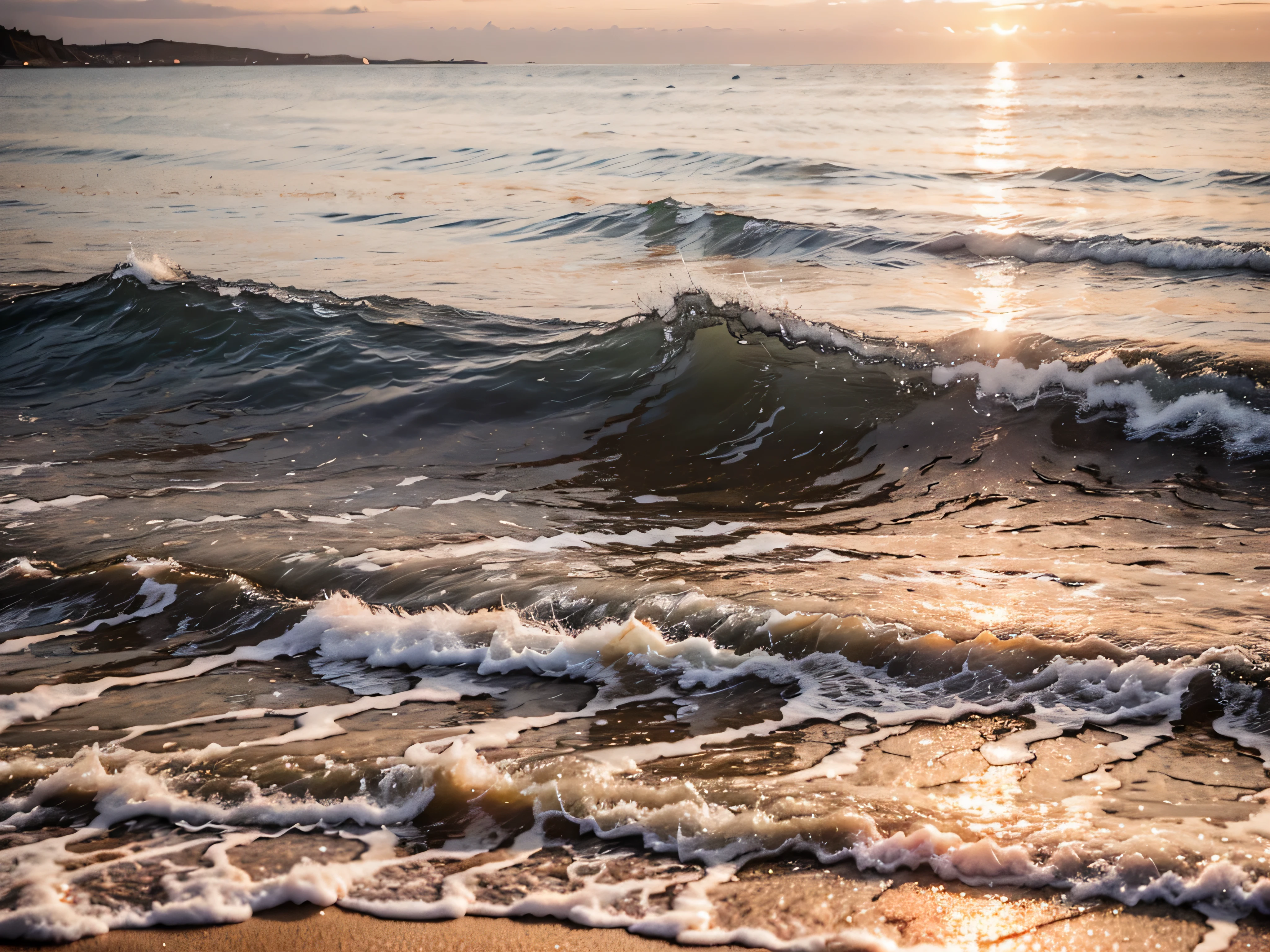sunset at the beach, ondas, Cores lindas, brilhando, brilhando sun, fotografia, Muitos detalhes, afiado, 8k