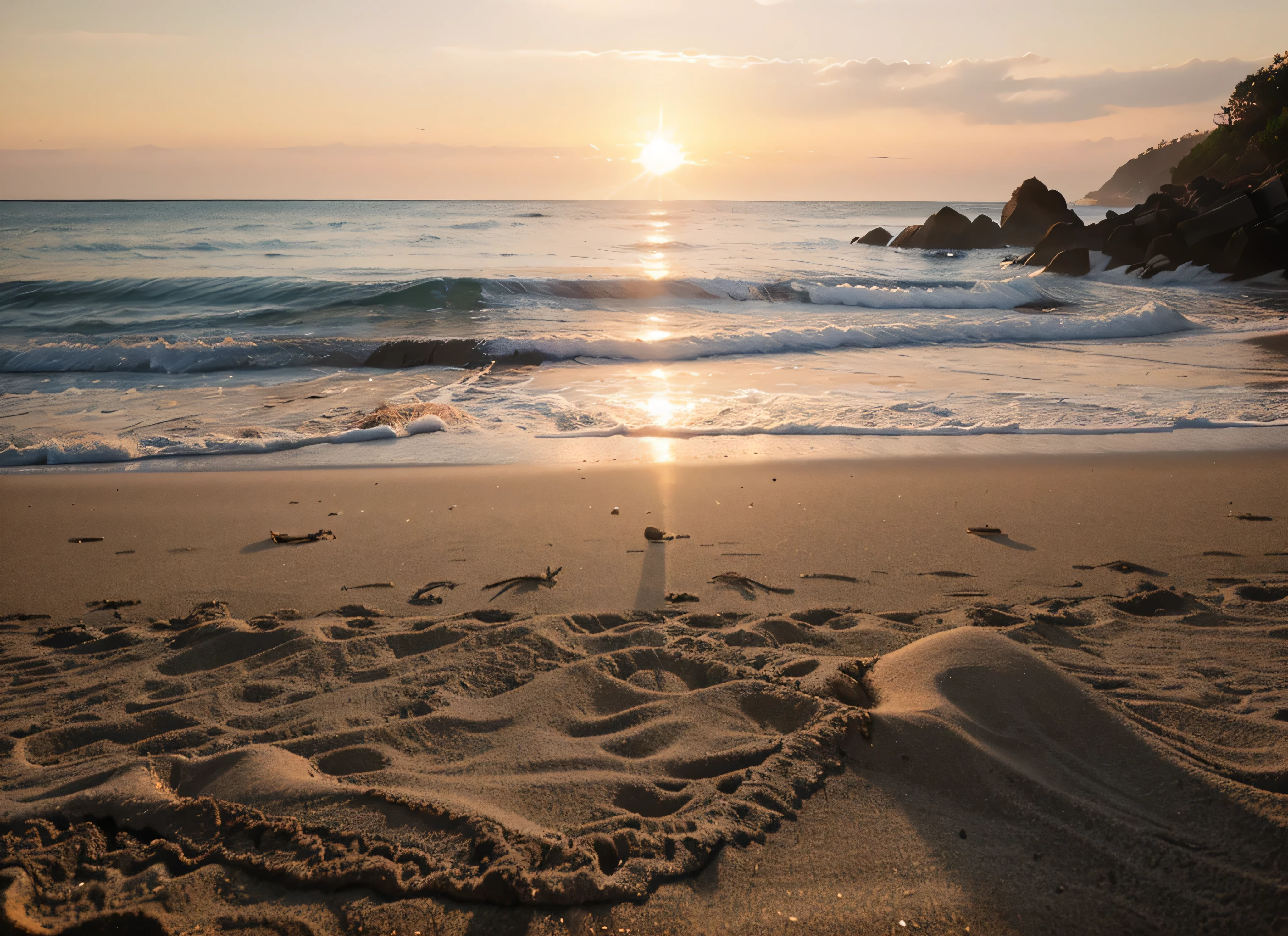 luz solar, sunset at the beach, Cores lindas, brilhando, fotografia, Muitos detalhes, afiado, 8k