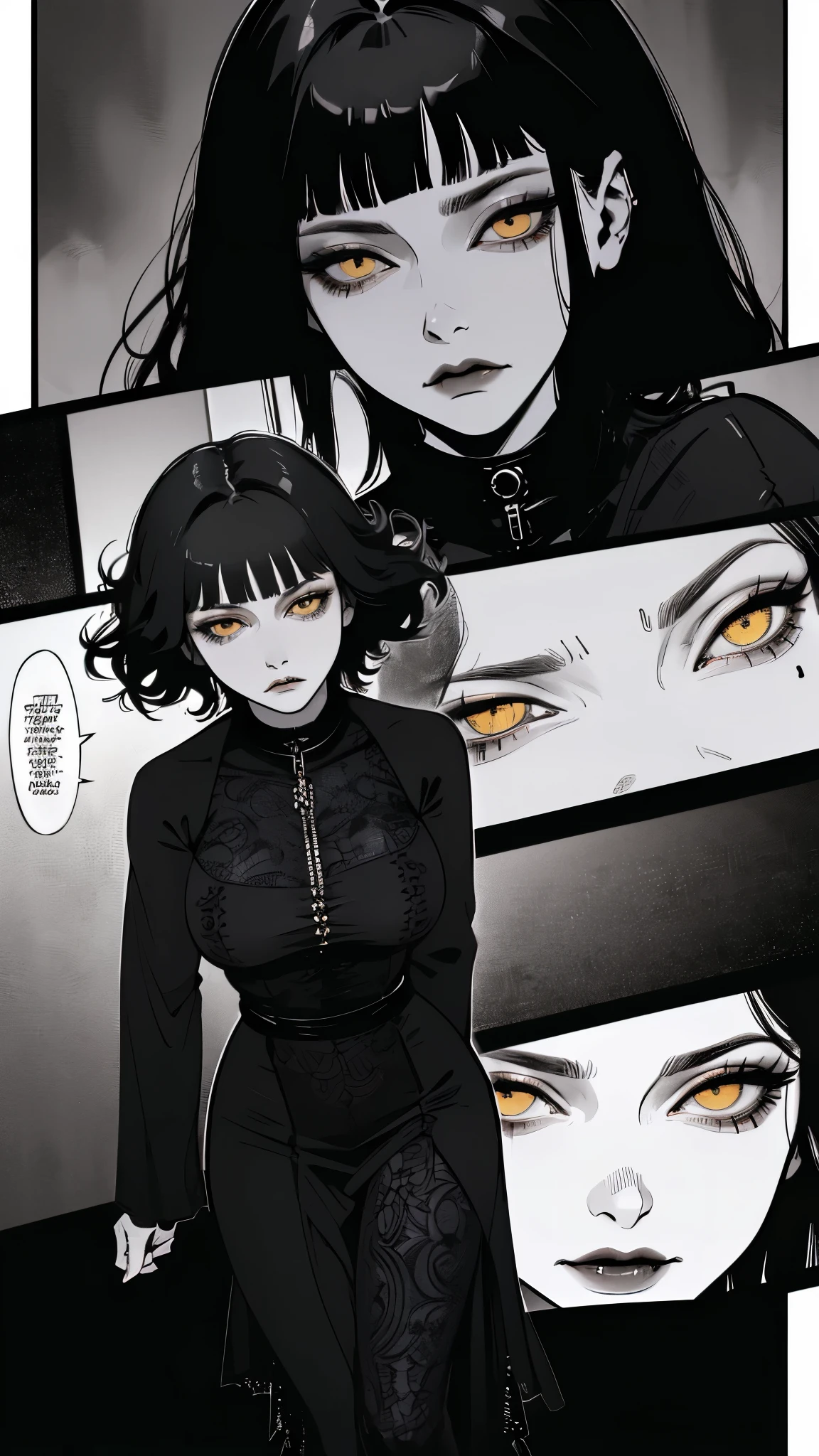 high detail, masterpiece, dramatic lighting(absurdres, highres, ultra detailed), extremely detailed CG unity 8k. mature face, adult woman, woman, mature woman, piercings, short wavy black hair and bangs, fangs, yellow eyes, black modest clothing, mad expression, full body.