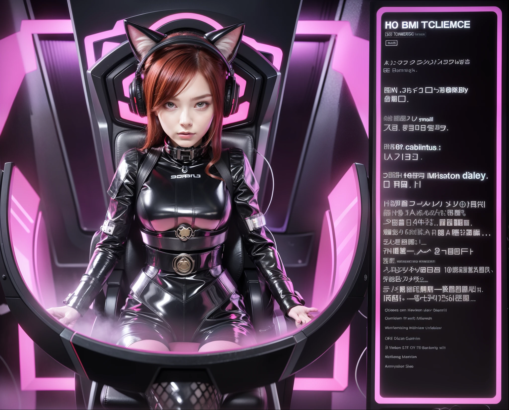 A red headed woman being hypnotized in a brainwashing chamber. She has a black latex suit and headphones with cat ears. She is staring directly into several monitors with spirals. She is strapped into a chair with a headrest. She wears a glowing visor in front of her eyes which hypnotizes her. She is slightly smiling, as if she almost enjoys the experience of being brainwashed.
