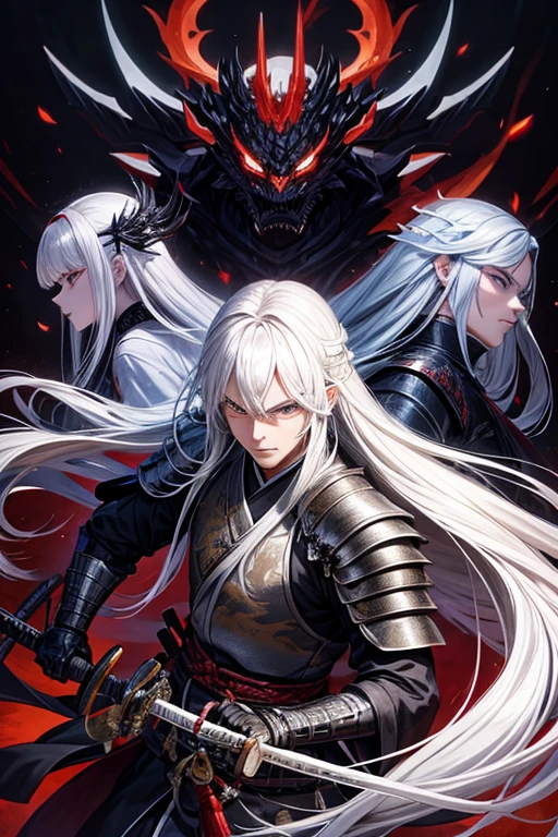 draw an evil man with long white hair with japanese  black dragon armor and holding katana