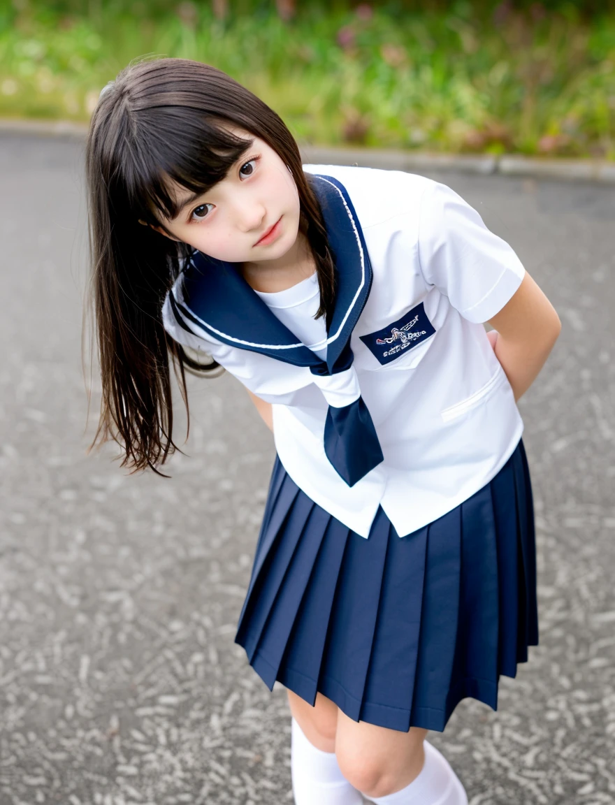 Japan Sailor School Uniform、dark blue school uniform、navy pleated skirt、beautiful girl、15 years old、(((Leave the hem of the sailor suit outside)))、black hair、ponytail、((No bangs:1.2))、((put out one's forehead))、I love you、Spinning、white socks、loafers、standing position、serious expression、protruding tooth、School、middle School girls、