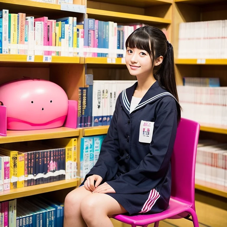 Inside the large library。A young Japanese female clerk in a blue sailor suit sits on a pink mattress in the aisle.。The sailor suit opens in the front and exposes the breasts.。Panties and thighs exposed from very short skirt。Disinfectant and towels are available。