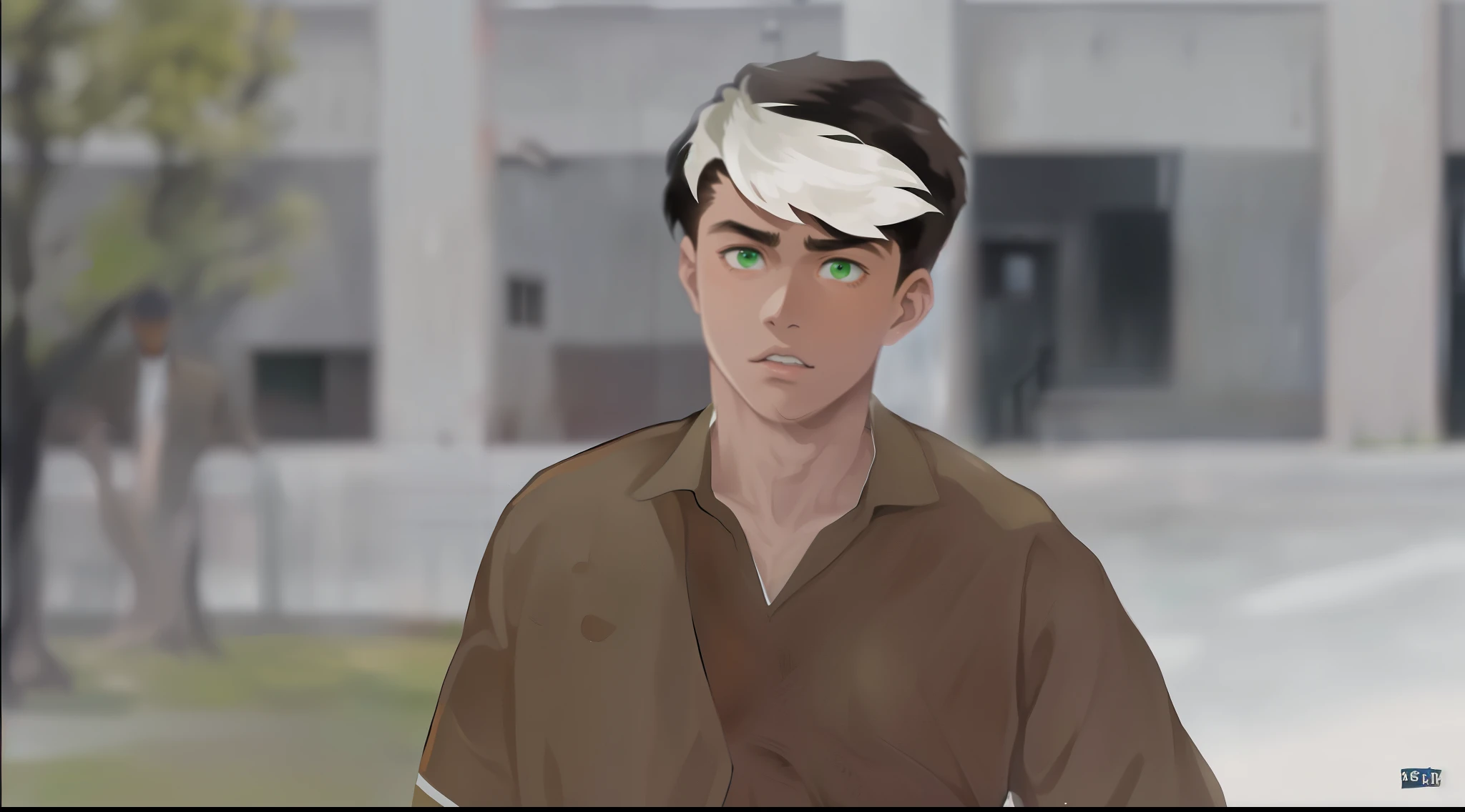 He is a 15-year-old young man with brown skin, green eyes, walking inside a secondary school in the schoolyard.