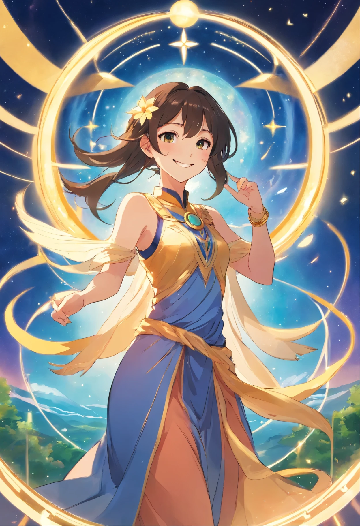 Universal Tarot Card Number 21 World, Illustration of a goddess in a large circle smiling and blessing the world