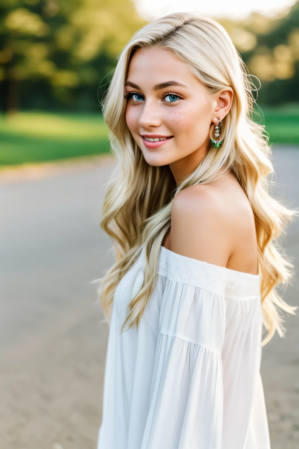**19-Year-Old Blonde with Green Eyes:**
- Blonde hair, soft and shiny, cascading in natural waves around her shoulders.
- Intense green eyes with an emerald hue, expressing vivacity and curiosity.
- Smooth and radiant skin, with a subtle sprinkle of freckles across her cheeks.
- Delicate facial features, well-defined eyebrows, and a slightly upturned nose.
- A warm smile that lights up her face, revealing a perfect set of teeth.
- Slim and graceful figure, with a posture that exudes confidence and youthful grace.
- Stylish and youthful attire, perhaps with a touch of bohemian or casual chic.
- Wearing simple yet elegant accessories, like small earrings or a delicate bracelet.
- The positive energy she radiates is reflected in her light steps and friendly gestures.
- Her gaze mirrors the blend of youthful innocence and the maturity that comes with transitioning into adulthood.