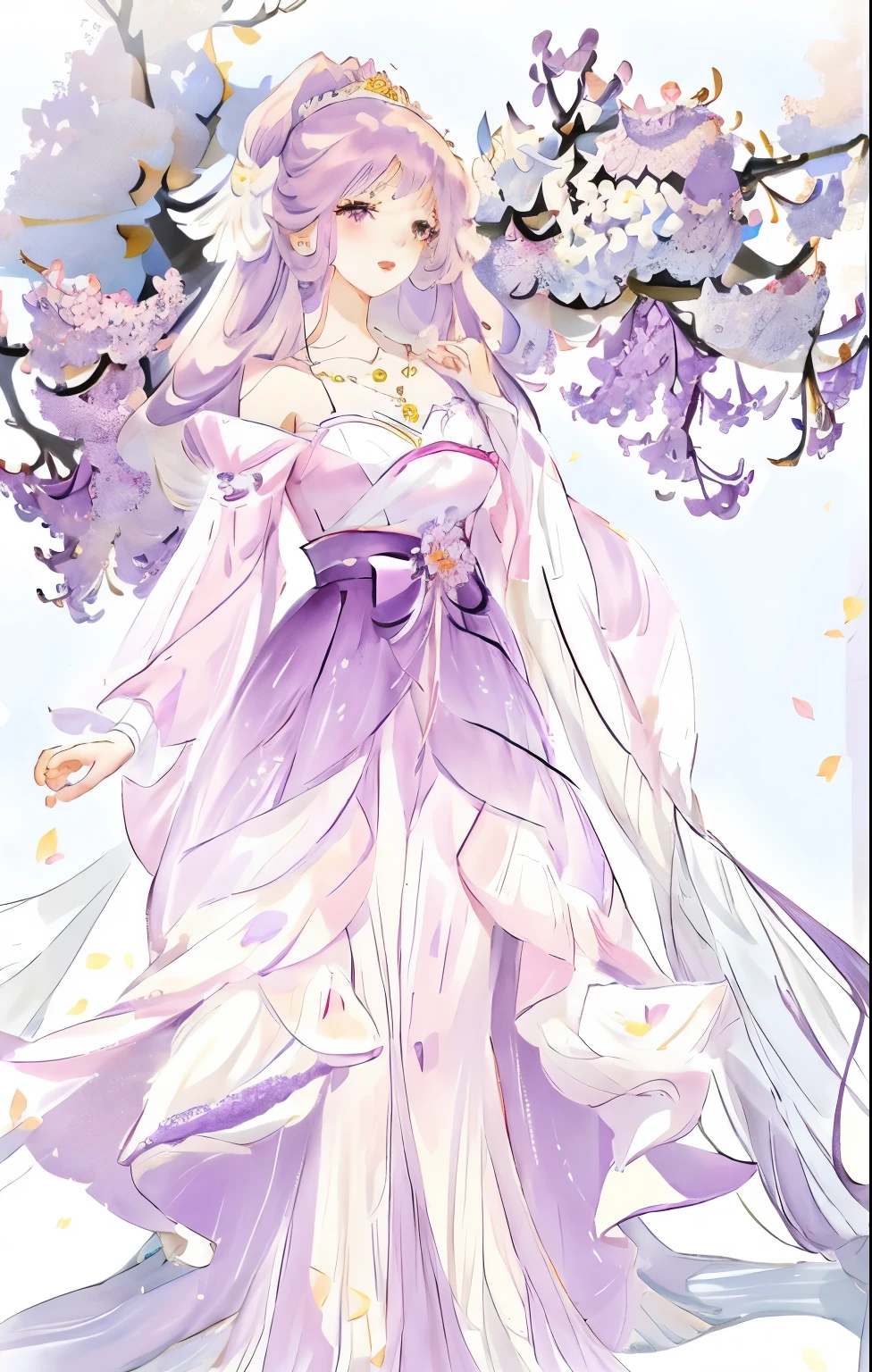 Anime girl wearing purple skirt，There is a bird in the background, lilacs, my dress up darling anime, Cute anime waifu wearing beautiful clothes, clear Fashion Design, !!full body portrait!!, Soft anime illustration, Fashion Design, Beautiful anime style, season!! : 🌸 ☀ 🍂 ❄, Beautiful anime character design, Dress up in dreamy formal attire, Beautiful anime art style, dream style
