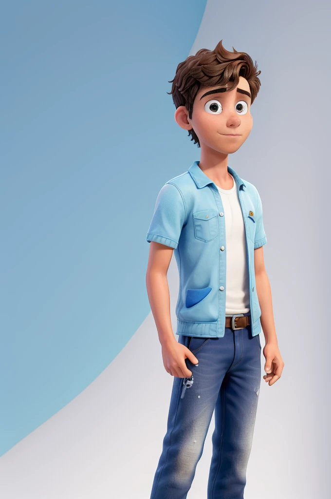 obra de arte, melhor qualidade, um jovem adolescente homen , vestindo um casaco azul claro ,standing in studio with white background , apontado para o lado direto com as duas maos