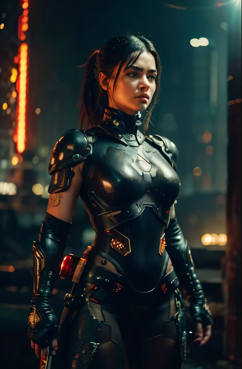 This is a CG Unity 8k wallpaper with ultra-detailed, high-resolution and top quality in cyberpunk style, dominated by black with a hint of red, In the picture, a beautiful Brazilian girl with a short straight half shaved black hair, a delicate face, wearing a damaged, scraped, dented but intricate leather steam armored mecha suit covered in little red Japanese characters,  tattooed on neck, standing on the ruins in a (Kong Fu) pose, holding a pure black katana with a red glowing razor blade, behind her is a [huge military robot] , Social realism, Hyperrealism, sparkle, cinematic lighting, lens flare, Ultra-Wide Angle, moody, ruins scene, dramatic light, cinematic, black ash, bokeh, motion blur, sparks, burning, intricate detail, hyper realistic 