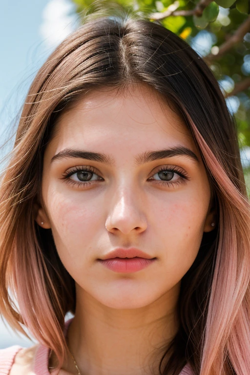 20 year old girl, piel blanca, mirando al frente, cabello color azul, ojos medianos, small, thin nose, boca mediana, contextura delgada, hyperdetailed photography, luz suave, retrato, realista. 
Ropa color rosada