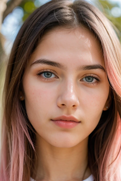 20 year old girl, piel blanca, mirando al frente, cabello color azul, ojos medianos, small, thin nose, boca mediana, contextura delgada, hyperdetailed photography, luz suave, retrato, realista. 
Ropa color rosada