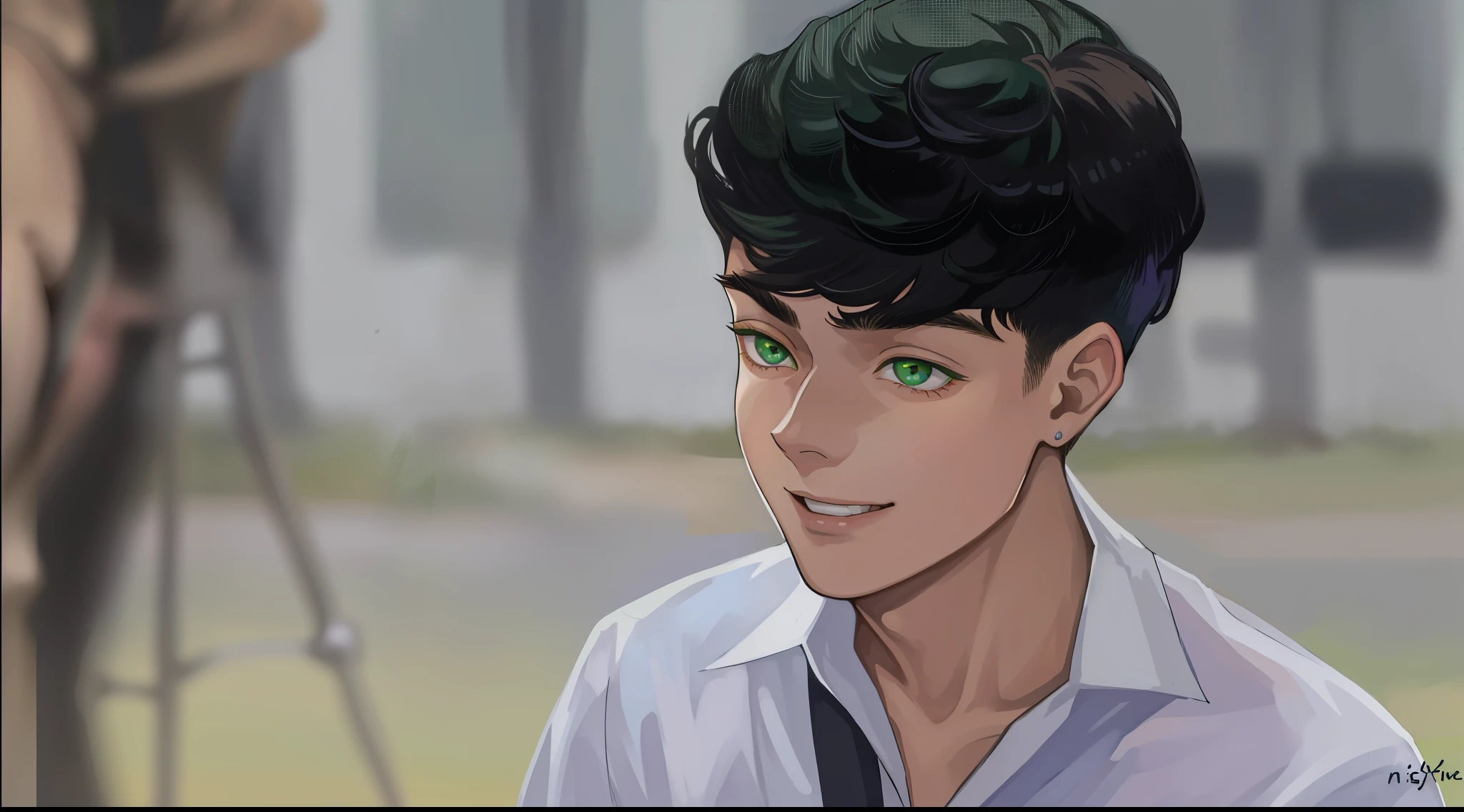 He is a 15-year-old young man with big, green, mischievous eyes, he is talking to someone who is sitting below him.