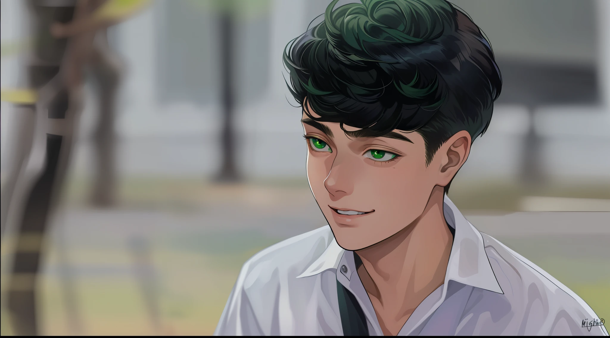 He is a 15-year-old young man with big, green, mischievous eyes, he is talking to someone who is sitting below him.