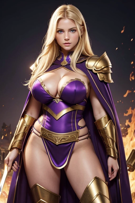 one girl,british ,blonde, blue eyes, detailed face, long hair, sexy, curvy, tall, warriors roman, roman empire, detailed in purple and bkack,using toys, using sexy armor with cape full bod background in fire