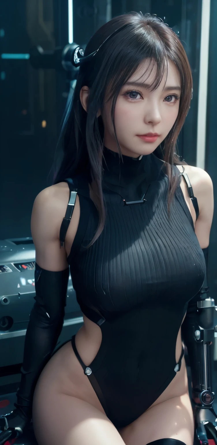 masterpiece、((black sweater))、 ((plug suit)), ((beautiful girl:1.2))、no arms、no clavicle、bare shoulders、mechanized body、Mechanized chest and abdomen、mechanized occiput、Mecha leg rack metallic suit that fits perfectly to the body、 Are standing、tied up、金属robot、((cyberpunk background))、(neon light)、(Futuristic machine factory background)、Cyberdyne、artificial body、All metal body、ironwork、abdominal mechanism、((robotアームとハンド))、((robotの足))、((machine neck))、Inside the spaceship、beautiful girl、、asian beauty, (Actuator and cable exposed from abdomen.、金属製robotの首から胴体までつながっている、Complex 3d rendering beautiful porcelain profile super become familiar withd female android face、cyborg、robot部品、150mm、Soft light in a beautiful studio、rim light、vivid details、gorgeous cyberpunk、Ren Hao、超realistic、anatomical、facial muscles、cable wire microchip、elegant、beautiful background、octane rendering、HR giger style、8K、highest quality、masterpiece、enlightenment、very delicate and beautiful、 非常にbecome familiar withなCG、unity、wallpaper、(realistic、Photoreal:1.37)、wonderful、become familiar with、masterpiece、highest quality、official art、Highly become familiar withd CG unity 8k wallpaper、absurd、incredibly absurd、、robot、silver bead body esbian、sit on top