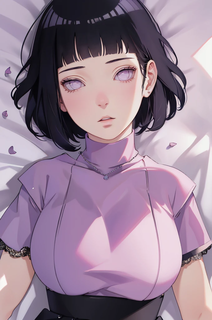 { - anatomy error} (Masterpiece - Ultra-detailed, very high resolution) (huge titusty, masterpiece, absurdres, hinata\(boruto\), 1girl, solo,mature female, lilac turtleneck blouse, high waist black short skirt, looking at viewelling petals), perfect composition, detailed lips, big breast, beautiful face, body propotion, blush, (pink lips), short hair, (black hair), purple eyes, soft gaze, super realistic, detailed, photoshoot, realistic face and body, closed mouth, laying on the bed , lilac eyes, full body, lace clothes, with chin resting on shoulder, perfect fingers