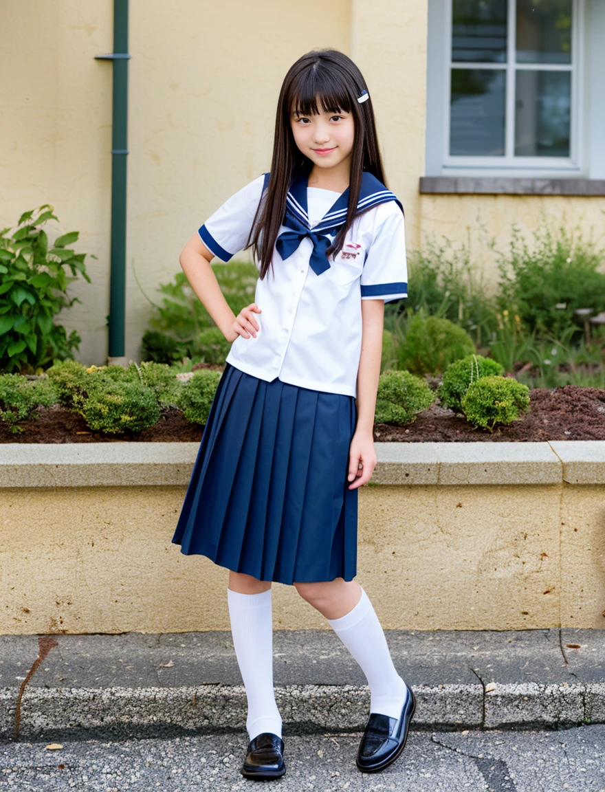 Japan Sailor School Uniform、dark blue school uniform、navy pleated skirt、beautiful girl、14 years old、(((Leave the hem of the sailor suit outside)))、black hair、ponytail、((No bangs:1.2))、((put out one's forehead))、I love you、Spinning、white socks、loafers、standing position、serious expression、protruding tooth、School、middle School girls、7 head and body、
