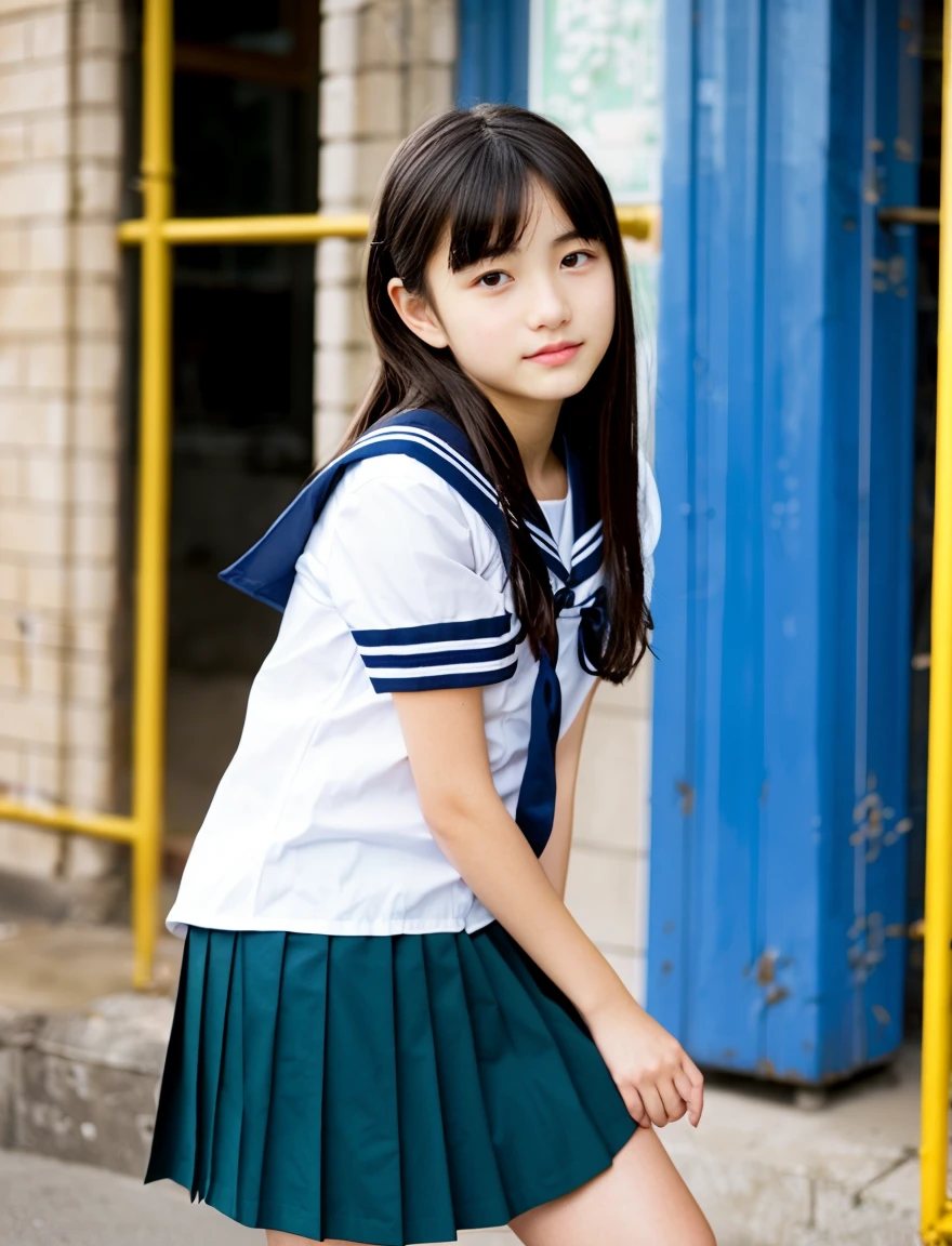 Japan Sailor School Uniform、dark blue school uniform、navy pleated skirt、beautiful girl、14 years old、(((Leave the hem of the sailor suit outside)))、black hair、ponytail、((No bangs:1.2))、((put out one's forehead))、I love you、Spinning、white socks、loafers、standing position、serious expression、protruding tooth、School、middle School girls、7 head and body、