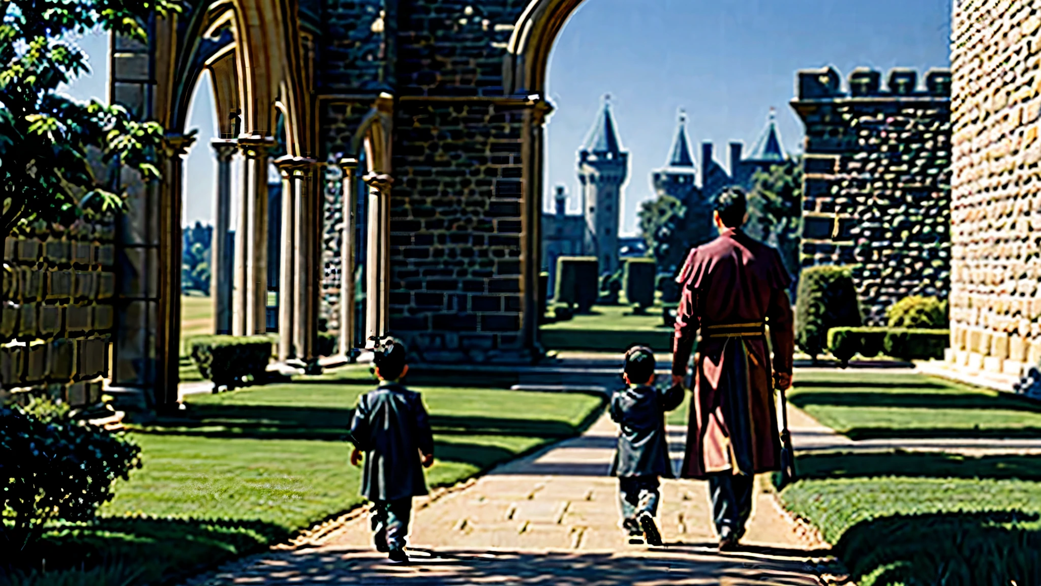 A king walking with his son in the garden of a large castle with a beautiful lak