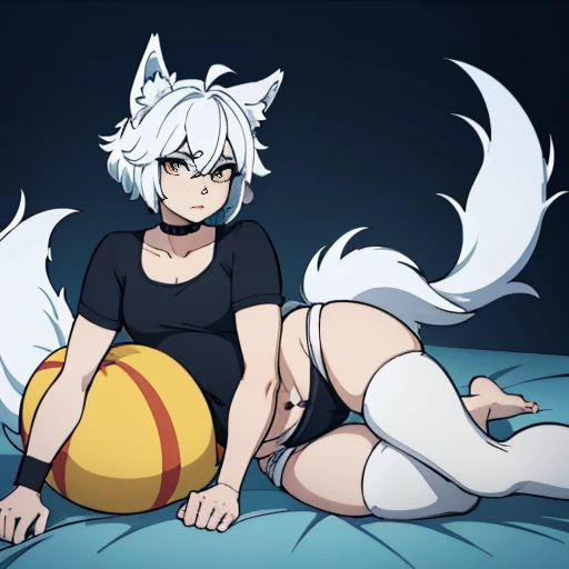 pregnant,baby bump,pregnancy,wolf boy,boy,male,femboy,twink,in short shorts,in thigh highs,wolf ears,white hair,wokf tail,tail