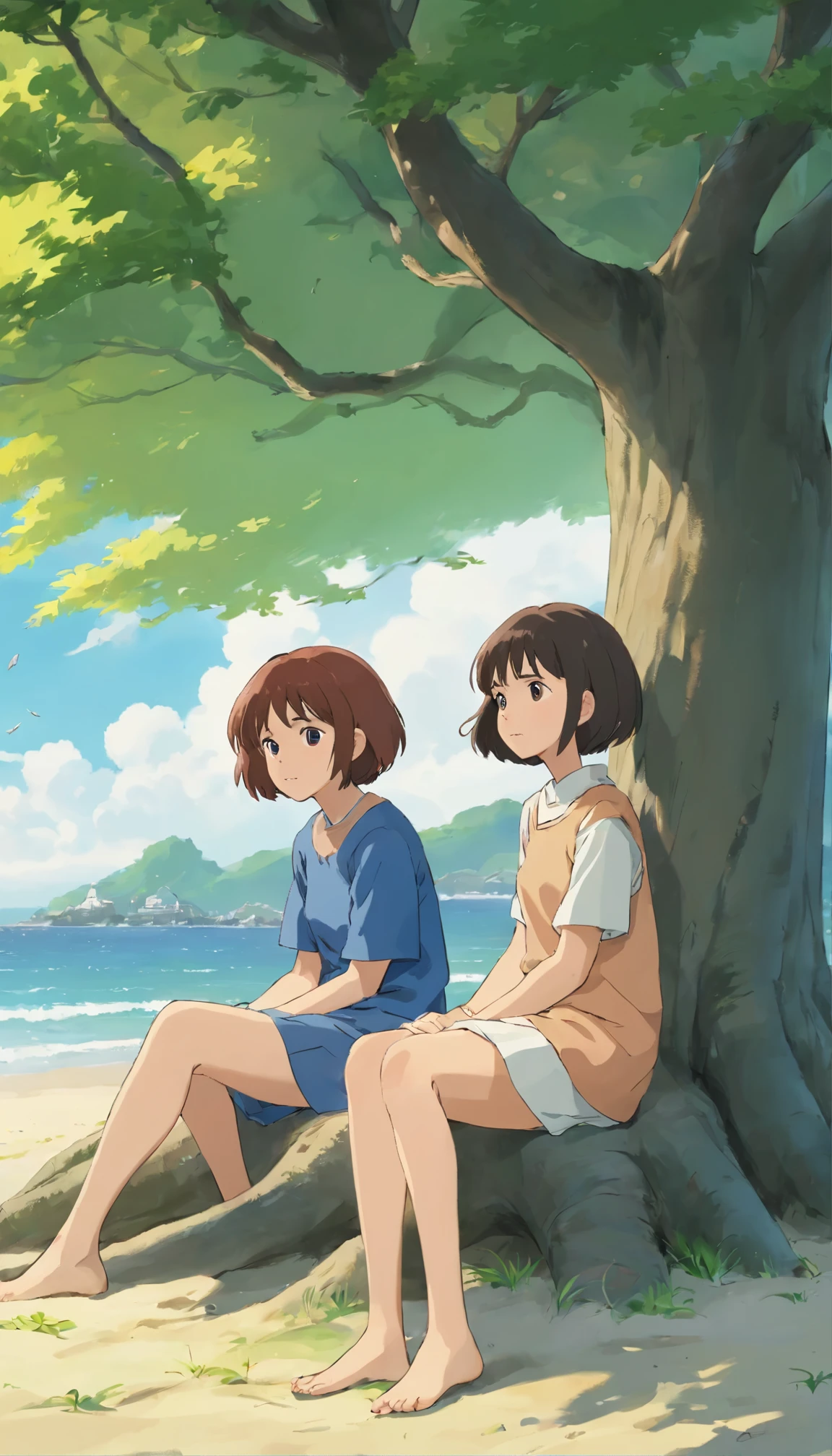 Two short haired girls sitting under a tree on a gloomy windy day at the beach