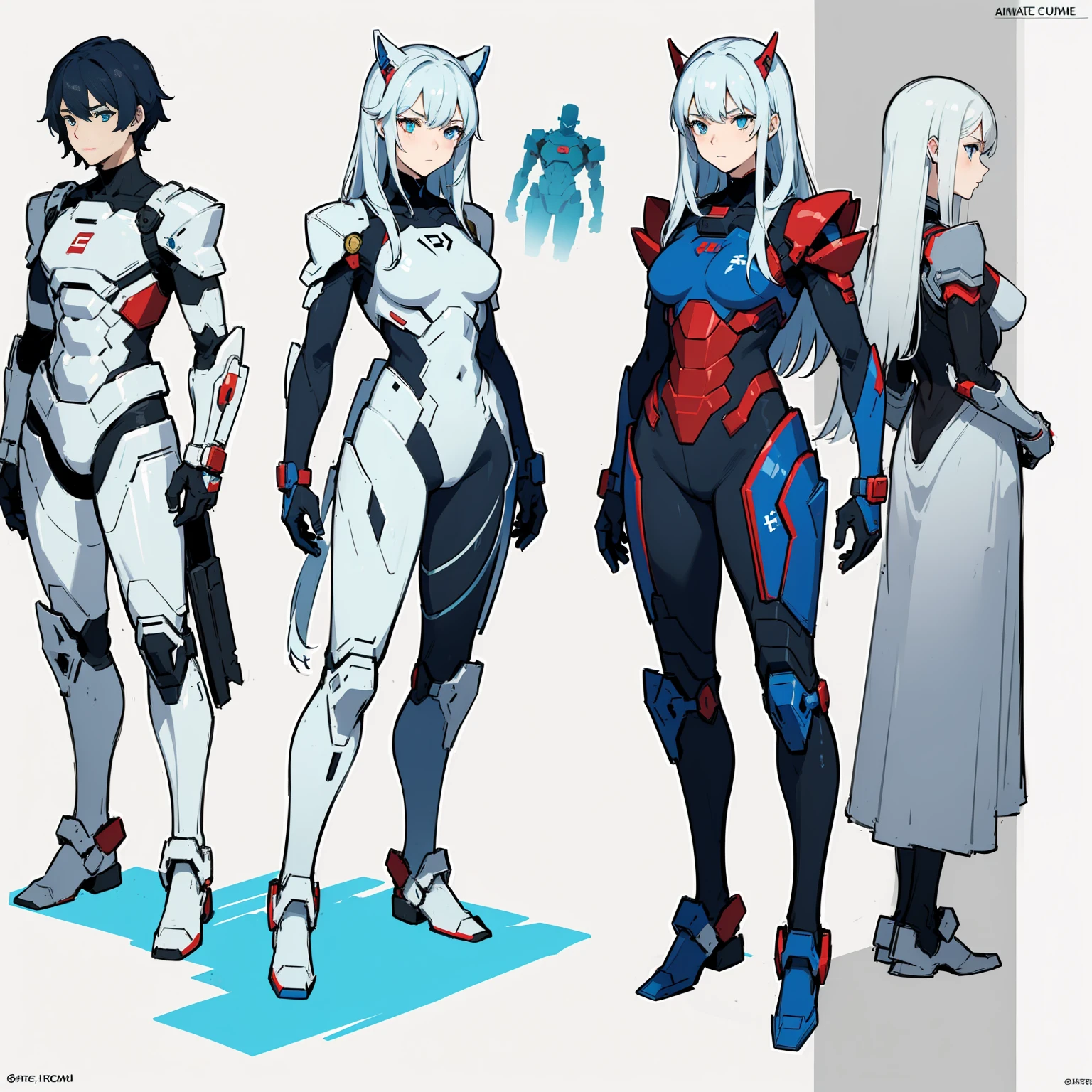 (((full body photo))), red blue and white color, femboy wearing a lightly armoured body suit, sci-fi themes, chest armour, gundam, best quality, arte oficial, Sketch line diagram, eye blue, front view, back view, and side view of character, long hair
