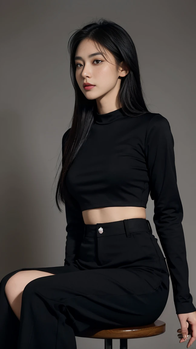 araffe woman sitting on a stool in a black top and black pants, wearing in black clothes, wearing black tight clothing, casual black clothing, wearing elegant casual clothes, wearing black clothes, black outfit, wearing tight simple clothes, wearing tight suit, wearing black modern clothes, wearing black stylish clothing, dressed all in black, photograph of a techwear woman