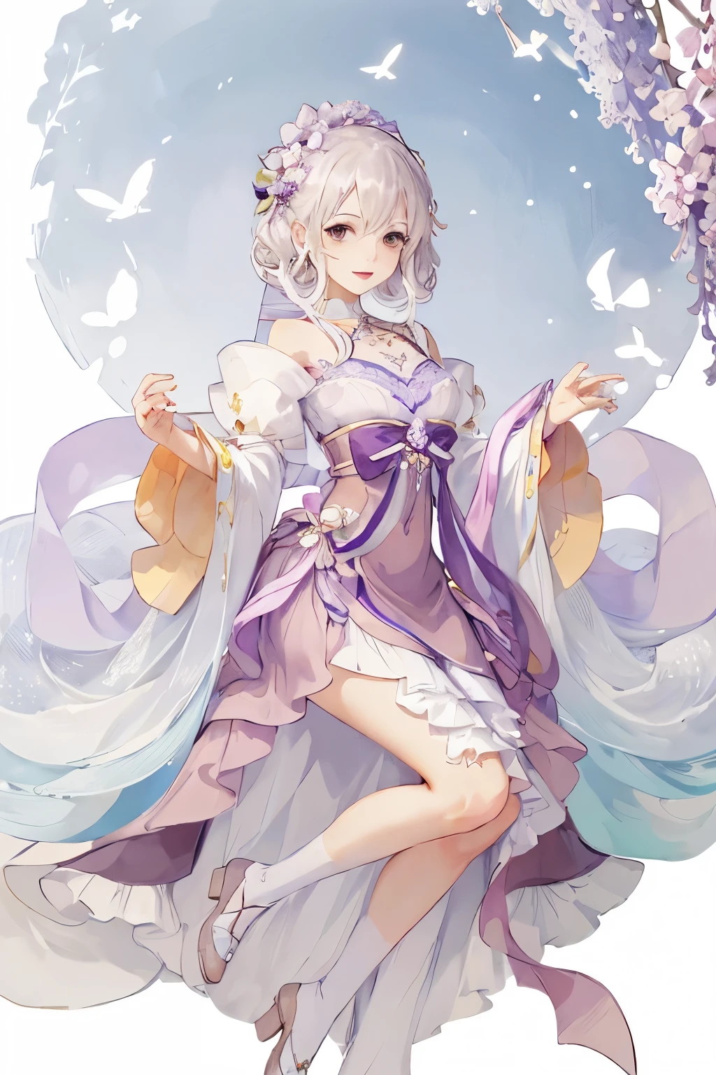 Anime girl wearing purple skirt,There is a bird in the background, lilacs, my dress up darling anime, Cute anime waifu wearing beautiful clothes, clear Fashion Design, !!full body portrait!!, Soft anime illustration, Fashion Design, Beautiful anime style, season!! : 🌸 ☀ 🍂 ❄, Beautiful anime character design, Dress up in dreamy formal attire, Beautiful anime art style, dream style
