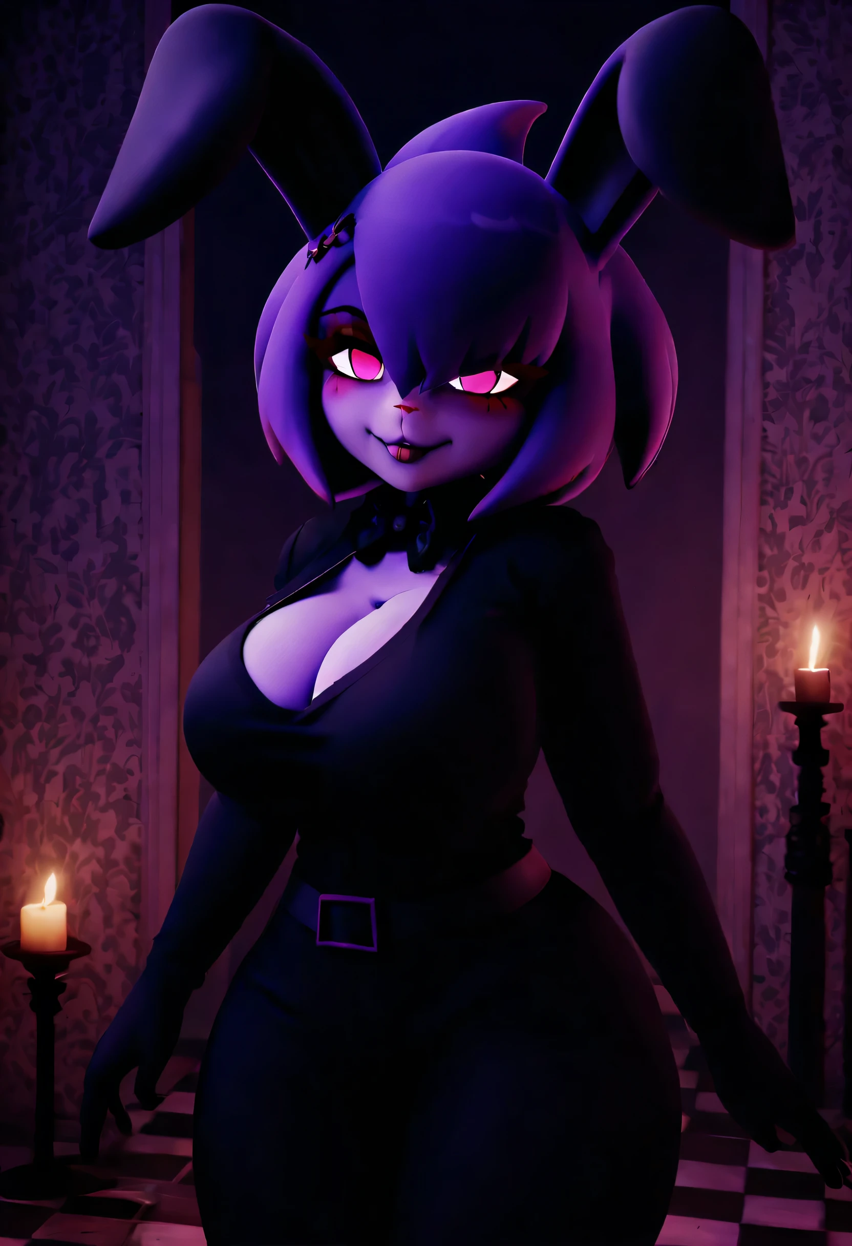 (best quality, masterpiece1.2), 1girl, solo, anthro, cally3d, bonfie, pink eyes, one eye covered, red eyeliner, bunny ears, HEX_MANIAC_COSTUME, purple hair, sexy, detailed, extreme detail, perfect lighting, 4k, vivid colors, ethereal atmosphere, mystical vibes, enchanting background, mesmerizing expression, dark shadows, haunting beauty, alluring gaze, gothic style, surreal elements, magical aura, intricate details