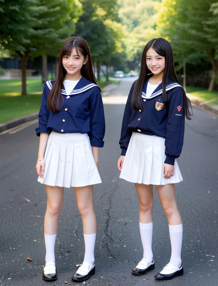 two beautiful japanese girls、A beautiful girl wearing a dark blue sailor school uniform、、The straight hem of the sailor suit is exposed、((Leave the hem of your clothes outside:1.2))、black hair、straight、No bangs、I love you、Moist eyes、dark blue pleated skirt、loafers、white socks、Spinning、standing position、I want to be spoiled、belly button、lesbian、fun、School、middle School girls、7 head and body、