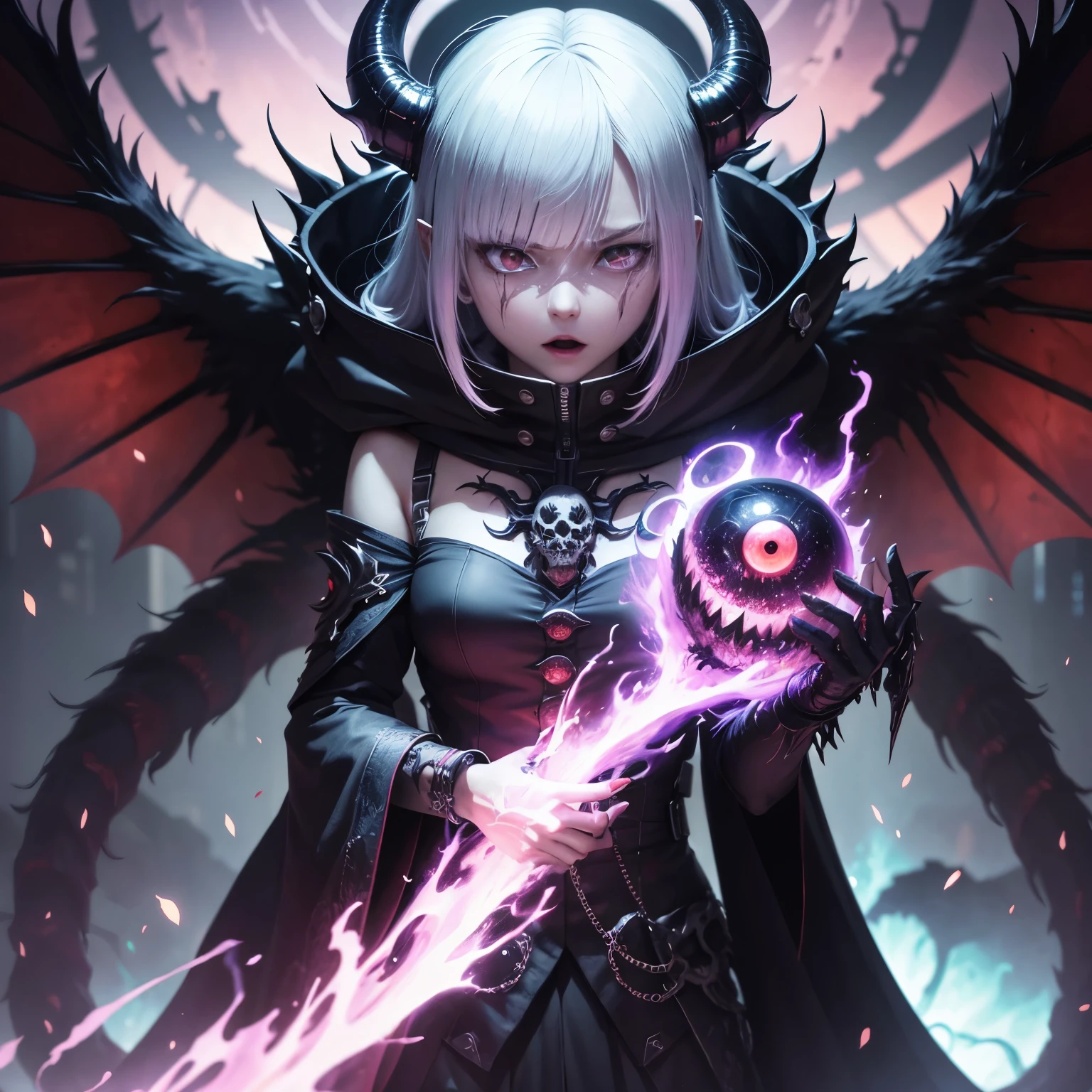 tokyo ghoul, anime, demon, bestial skull, fluxos sangrentos, tomado, Ossos Behemoth, manic eye aberration, membros suturados, tentacles, ossos, dentes, presas afiadas, acorrentado, expression of insanity, loucura, ambiente de masmorra, 8k, qualidade ultra hd.