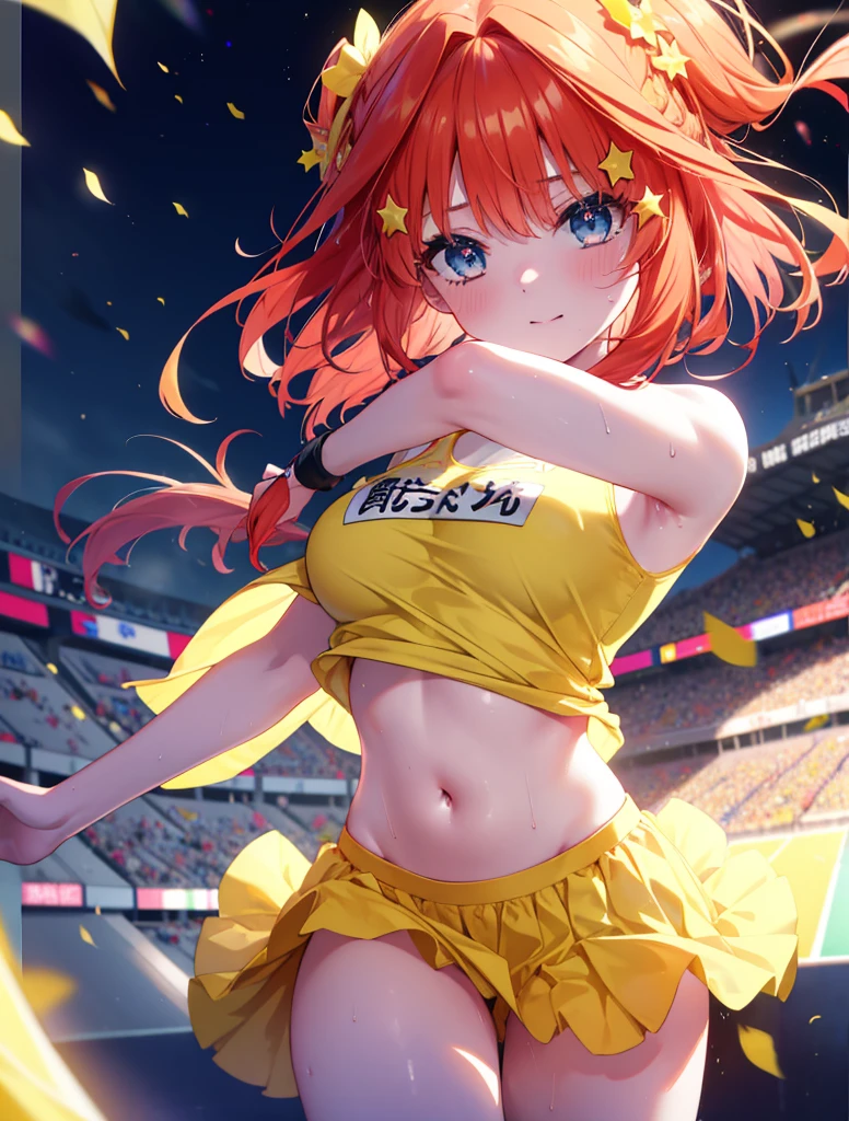 Satsuki Nakano, Itsuki Nakano, bangs, blue eyes, hair between eyes, Ahoge, redhead, star \(symbol\), hair ornaments, star hair ornaments,smile,Braid,(Very delicate eyes), (cheer leading), (whole body), big breasts, Lower, (sweaty), sweaty Wet Clothes, (Yellow clothes), , navel support, playground, (jump), (jump), 足を曲げてjumpする, smileのチアリーダー, pom pom \(cheer leading\), 
break outdoors, playground,destroy the stadium (masterpiece:1.2), highest quality, High resolution, unity 8k wallpaper, (shape:0.8), (beautiful and detailed eyes:1.6), highly detailed face, perfect lighting, Very detailed CG, (perfect hands, perfect ???????),